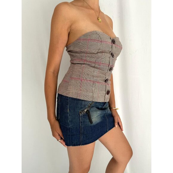 y2k vintage GUESS jeans preppy brown plaid button up strapless tube crop top - Picture 5 of 9